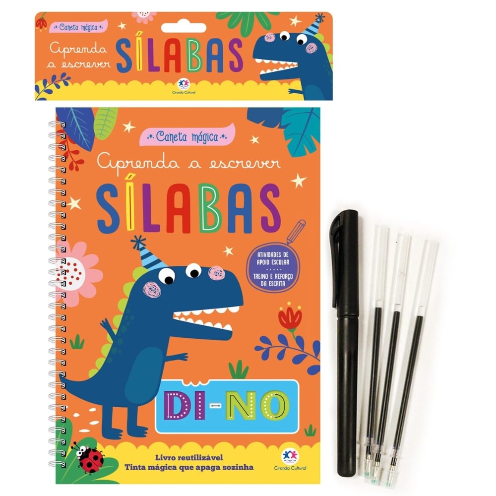 Caneta Mágica Aprenda a Escrever Sílabas, Ciranda Cultural, livro espiral laranja com dinossauro e caneta preta. — Plenitude