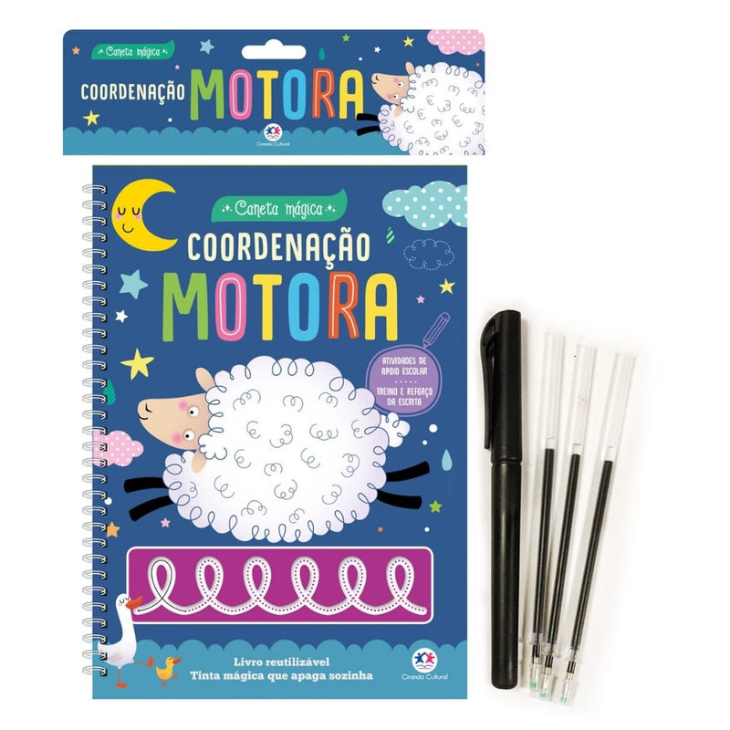 Caneta Mágica Aprenda a Escrever Coordenação Motora, Ciranda Cultural, livro espiral azul com ovelha e caneta preta. — Plenitude