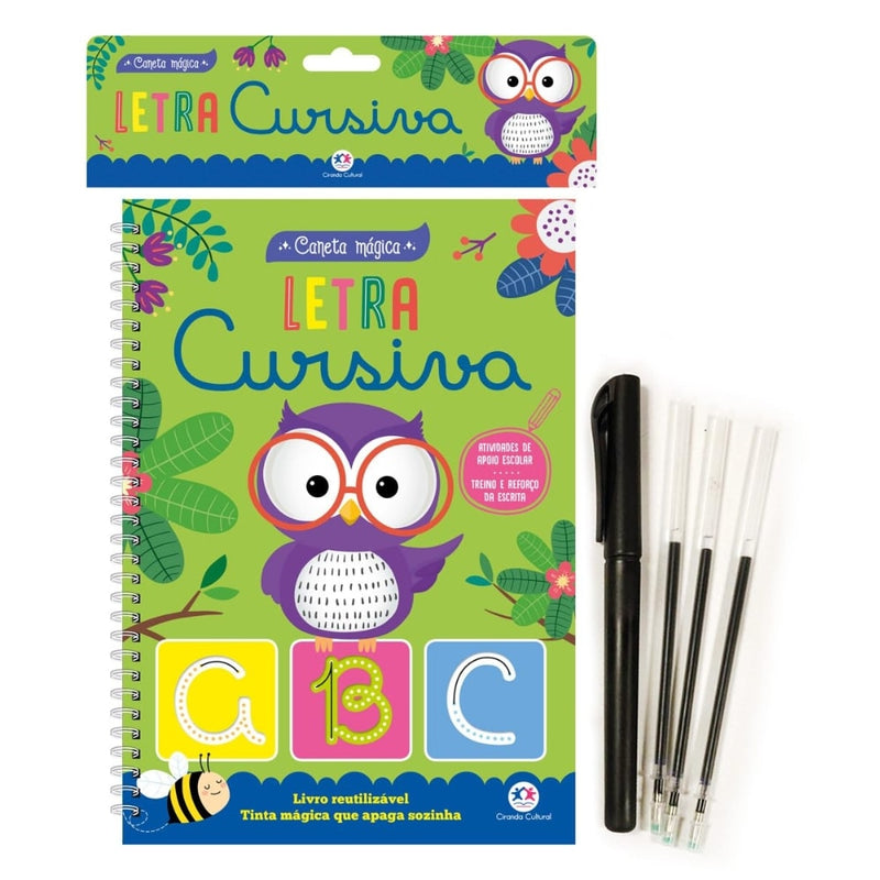 Caneta Mágica Aprenda a Escrever Letra Cursiva, Ciranda Cultural, livro espiral verde com coruja e caneta preta. — Plenitude