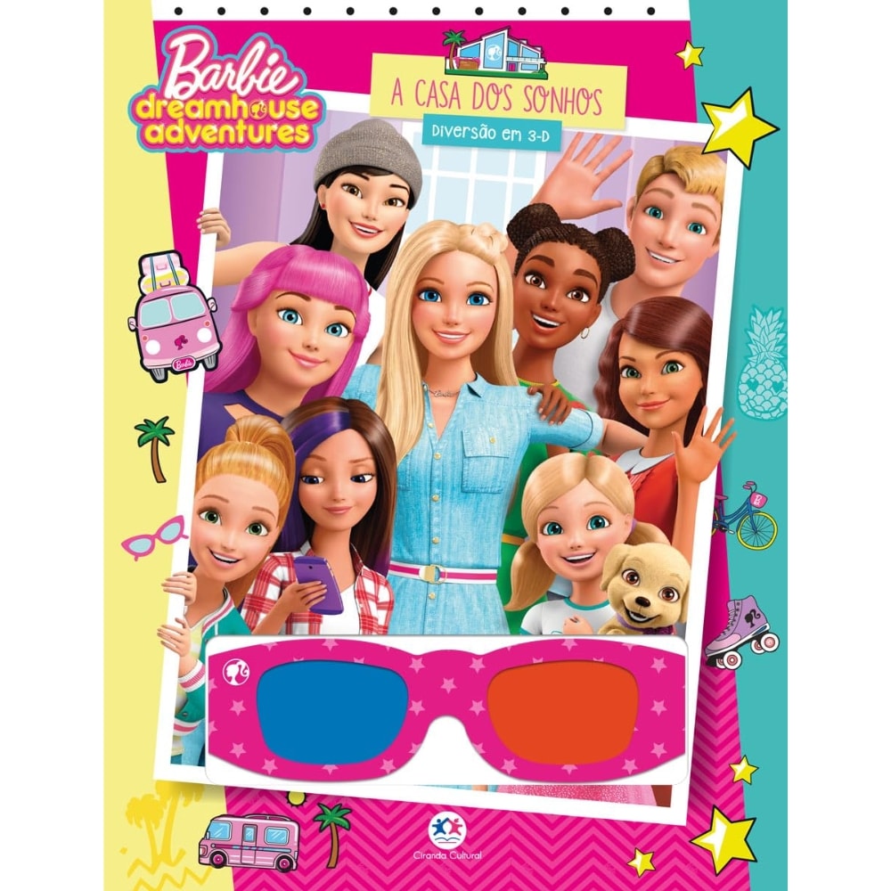 Livro Barbie A Casa dos Sonhos 3-D, capa colorida com Barbie e amigos, óculos 3D rosa. — Plenitude