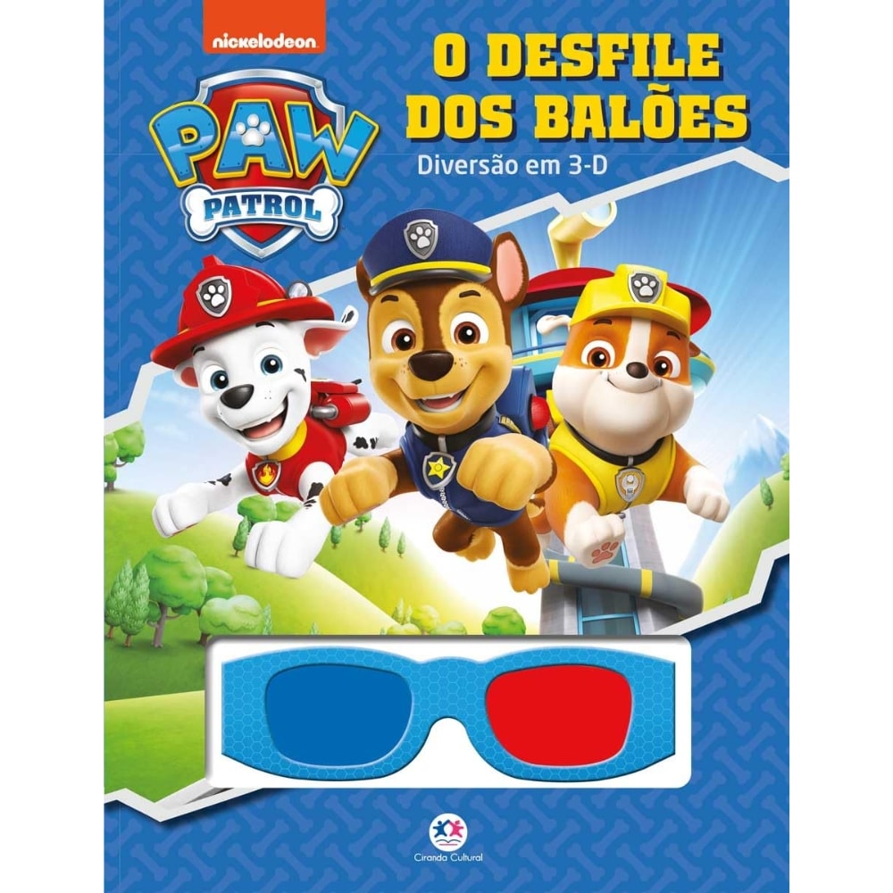 Livro Patrulha Canina O Desfile dos Balões, capa azul com personagens e óculos 3D, para 3 a 5 anos. — Plenitude