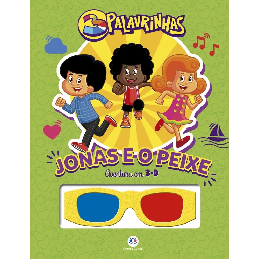 Livro 3 Palavrinhas Jonas e o Peixe, Ciranda Cultural, capa verde com personagens e óculos 3D. — Plenitude