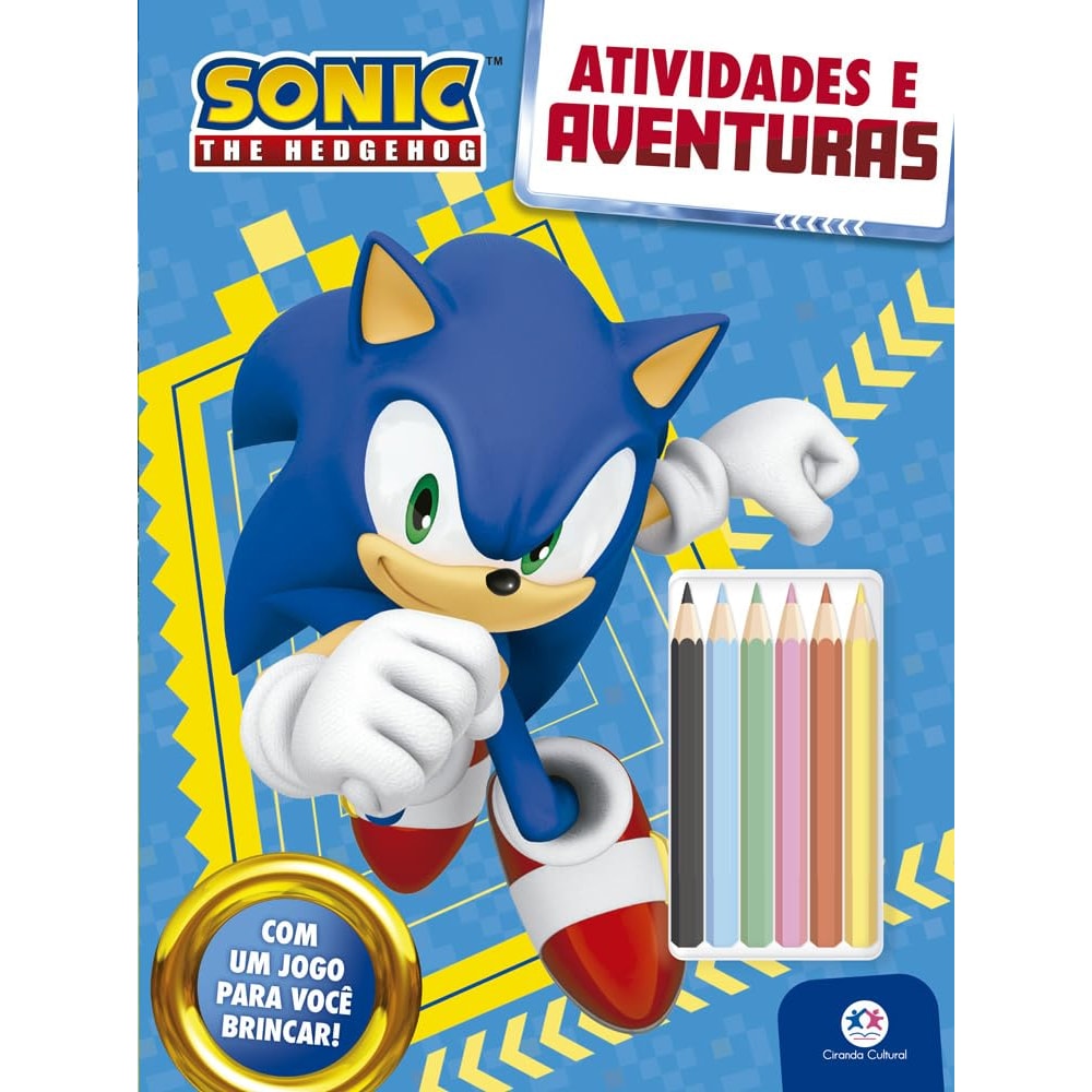 Livro Sonic Atividades e Aventuras, Ciranda Cultural, capa azul com Sonic e lápis de cor. — Plenitude