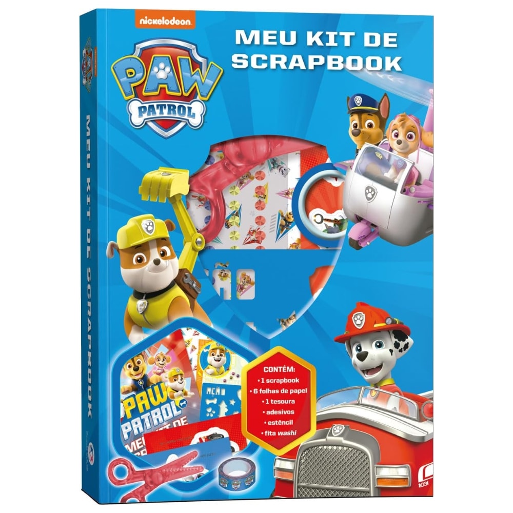 Kit de Scrapbook Patrulha Canina, Nickelodeon, caixa azul com personagens e materiais de artesanato. — Plenitude