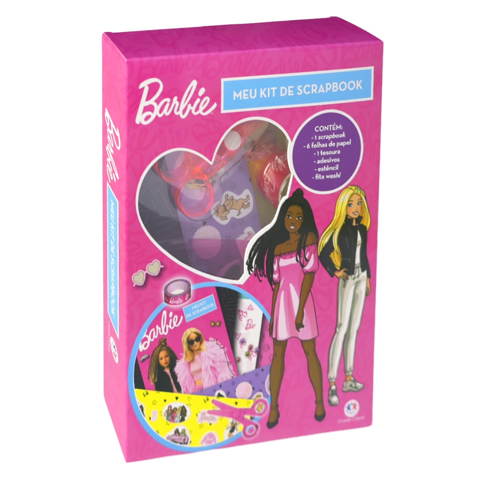Kit de scrapbook Barbie com scrapbook, folhas, tesoura, adesivos, estêncil e fita, em caixa rosa. — Plenitude