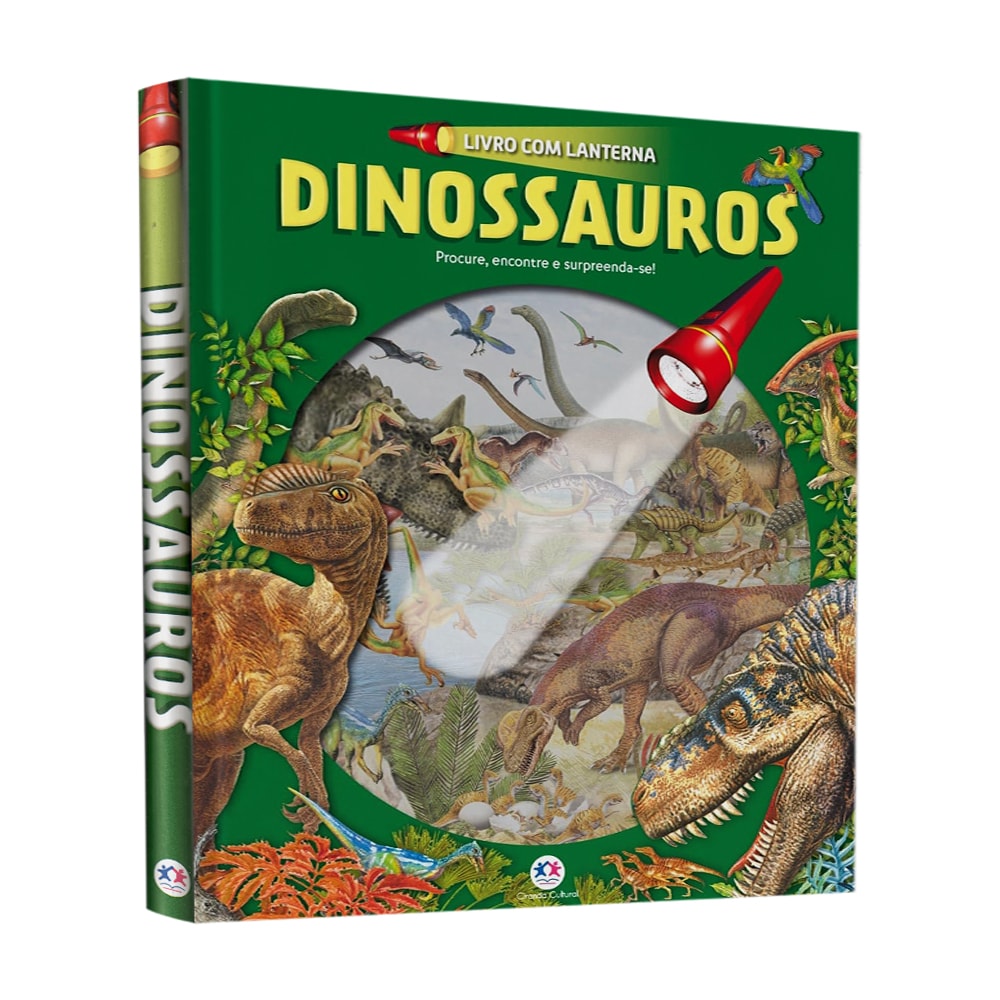 Livro infantil "Dinossauros" com capa dura verde e ilustração de dinossauros, com uma lanterna vermelha. — Plenitude