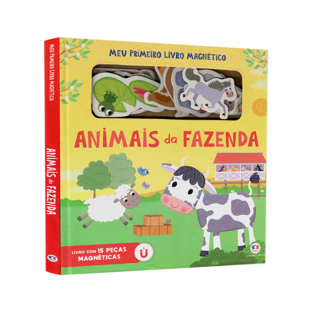 Livro Magnético Animais da Fazenda, Ciranda Cultural, capa amarela com animais e 15 peças magnéticas. — Plenitude
