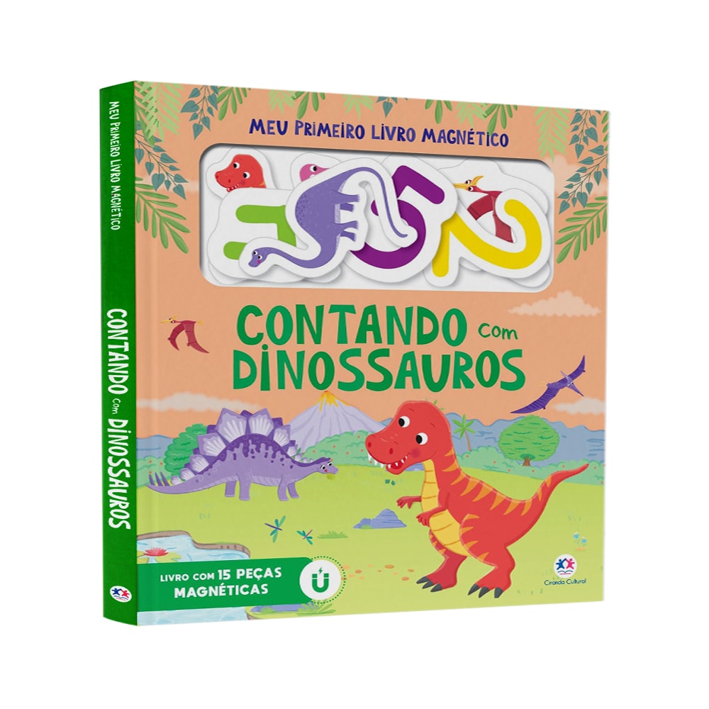 Livro Magnético Contando com os Dinossauros, Ciranda Cultural, capa verde com dinossauros e 15 peças magnéticas. — Plenitude