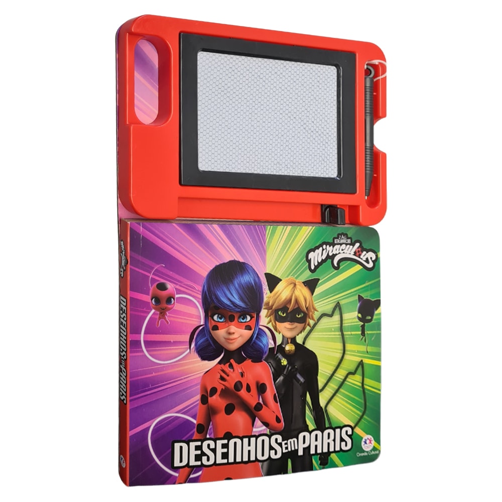 Livro com Quadro Mágico Ladybug Desenhos em Paris, Ciranda Cultural, capa colorida com personagens e quadro vermelho. — Plenitude