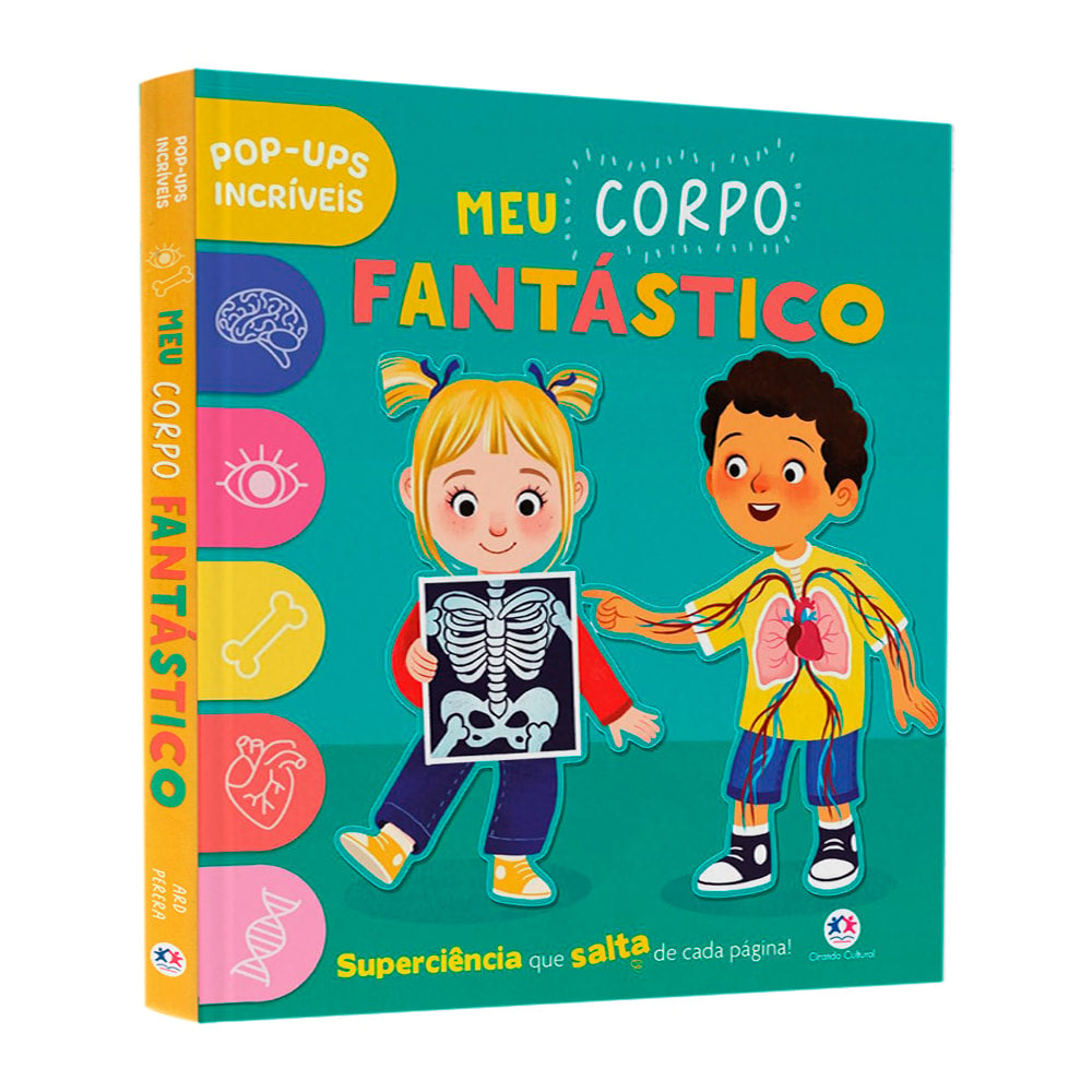 Livro infantil Meu Corpo Fantástico, capa dura verde com crianças e ilustrações do corpo humano. — Plenitude