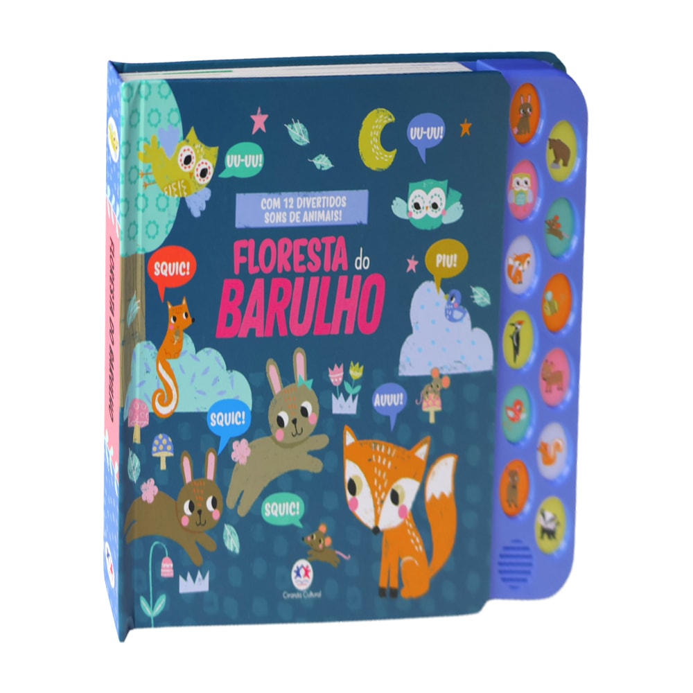 Livro Floresta do Barulho, capa azul com animais da floresta e botões de som na lateral, para 3 a 5 anos. — Plenitude