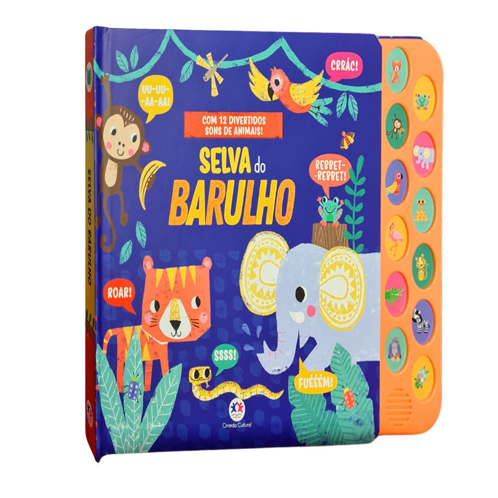 Livro Selva do Barulho, Ciranda Cultural, capa azul com animais e botões de som. — Plenitude
