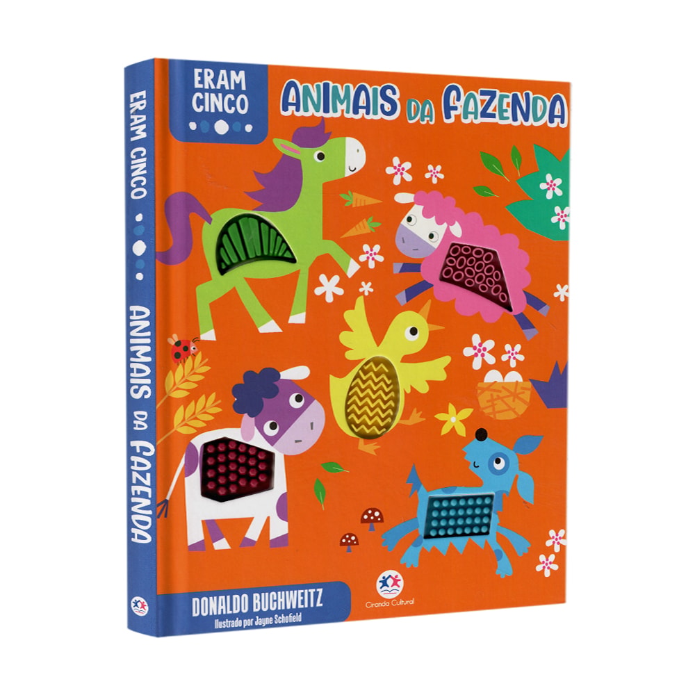 Livro Eram Cinco Animais da Fazenda, Donaldo Buchweitz, capa laranja com animais e texturas. — Plenitude