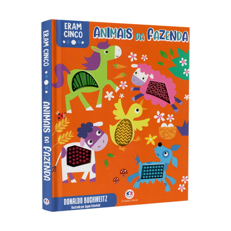 Livro Eram Cinco Animais da Fazenda, Donaldo Buchweitz, capa laranja com animais e texturas. — Plenitude