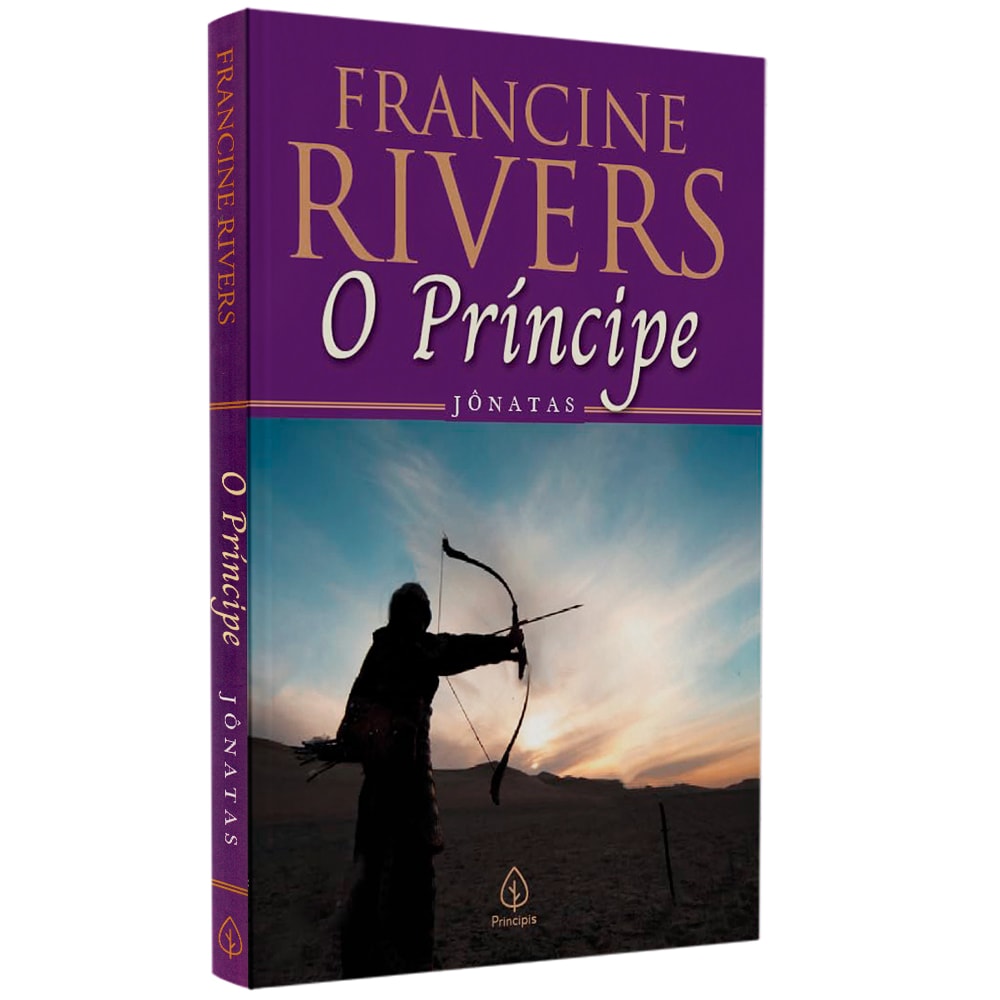 Livro O Príncipe Jônatas de Francine Rivers, capa dura roxa com imagem de arqueiro no deserto. — Plenitude