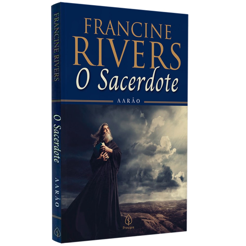 Livro O Sacerdote Aarão de Francine Rivers, capa dura azul escura com imagem de sacerdote. — Plenitude