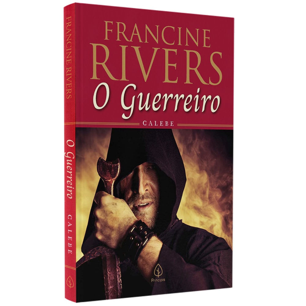 Livro O Guerreiro Calebe de Francine Rivers, capa vermelha com homem encapuzado segurando espada. — Plenitude
