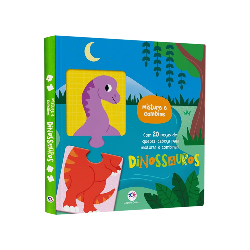 Livro Dinossauros Misture e Combine, Ciranda Cultural, capa dura colorida com quebra-cabeça de dinossauros. — Plenitude