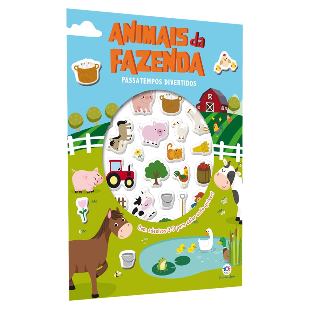Livro Animais da Fazenda Passatempos Divertidos, capa azul com animais da fazenda e adesivos 3D. — Plenitude