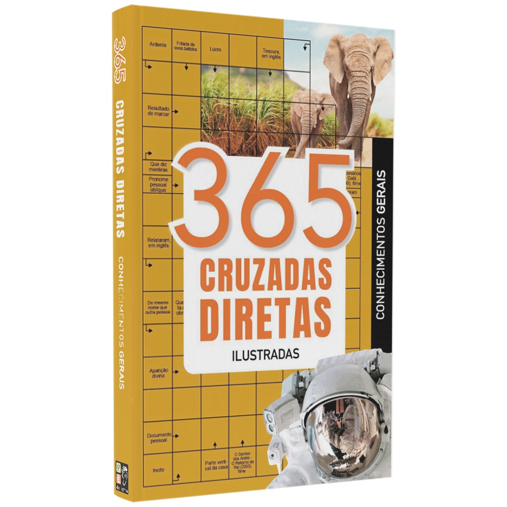 Livro de passatempos 365 Cruzadas Diretas Ilustradas Conhecimentos Gerais, capa com astronauta e elefantes. — Plenitude