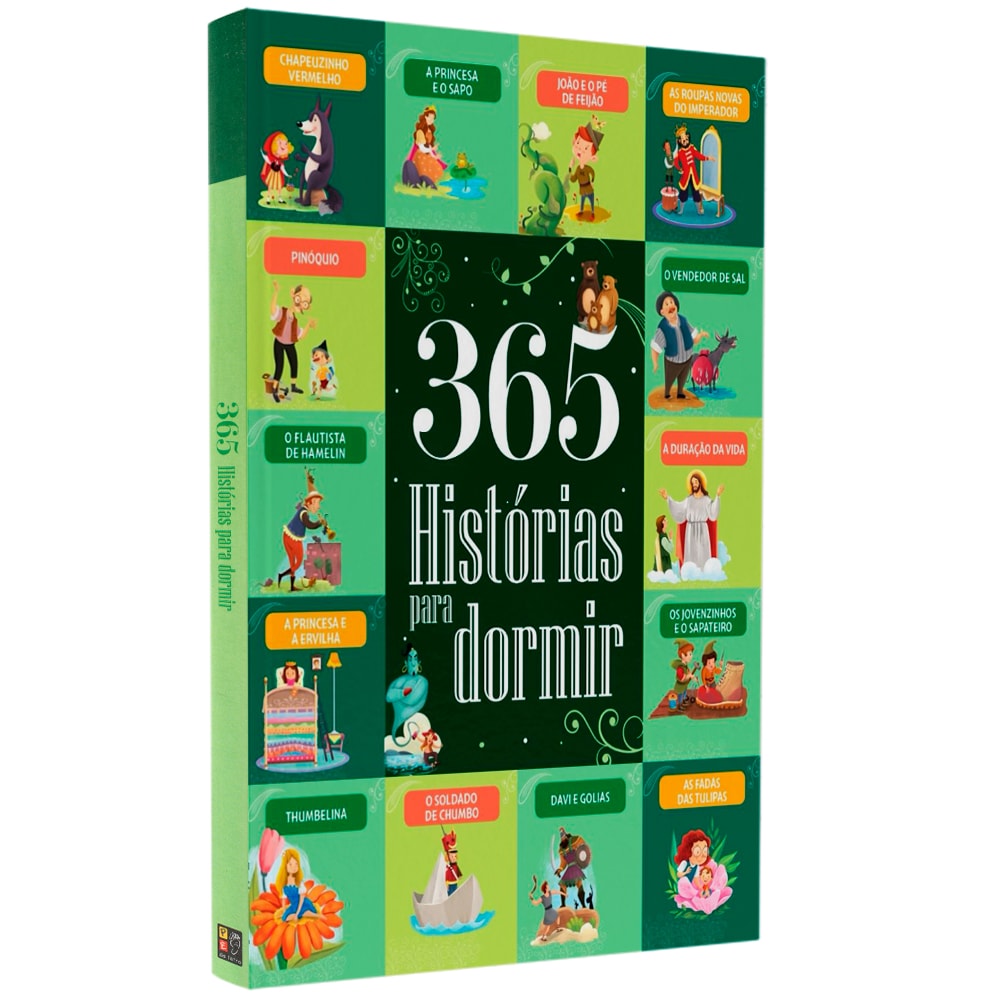 Livro infantil 365 Histórias Para Dormir, capa verde com ilustrações de contos de fadas clássicos. — Plenitude