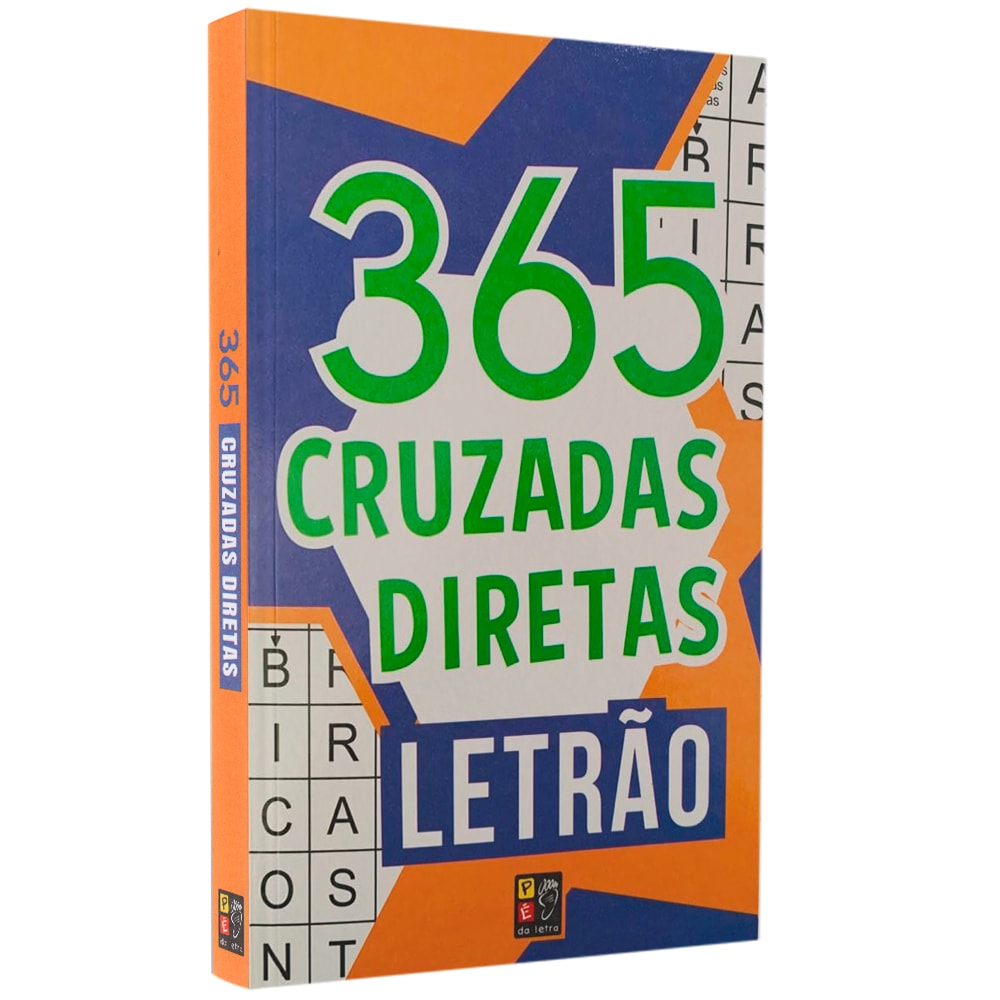 Livro de passatempos 365 Cruzadas Diretas Letrão, capa laranja e azul com título em verde e branco. — Plenitude