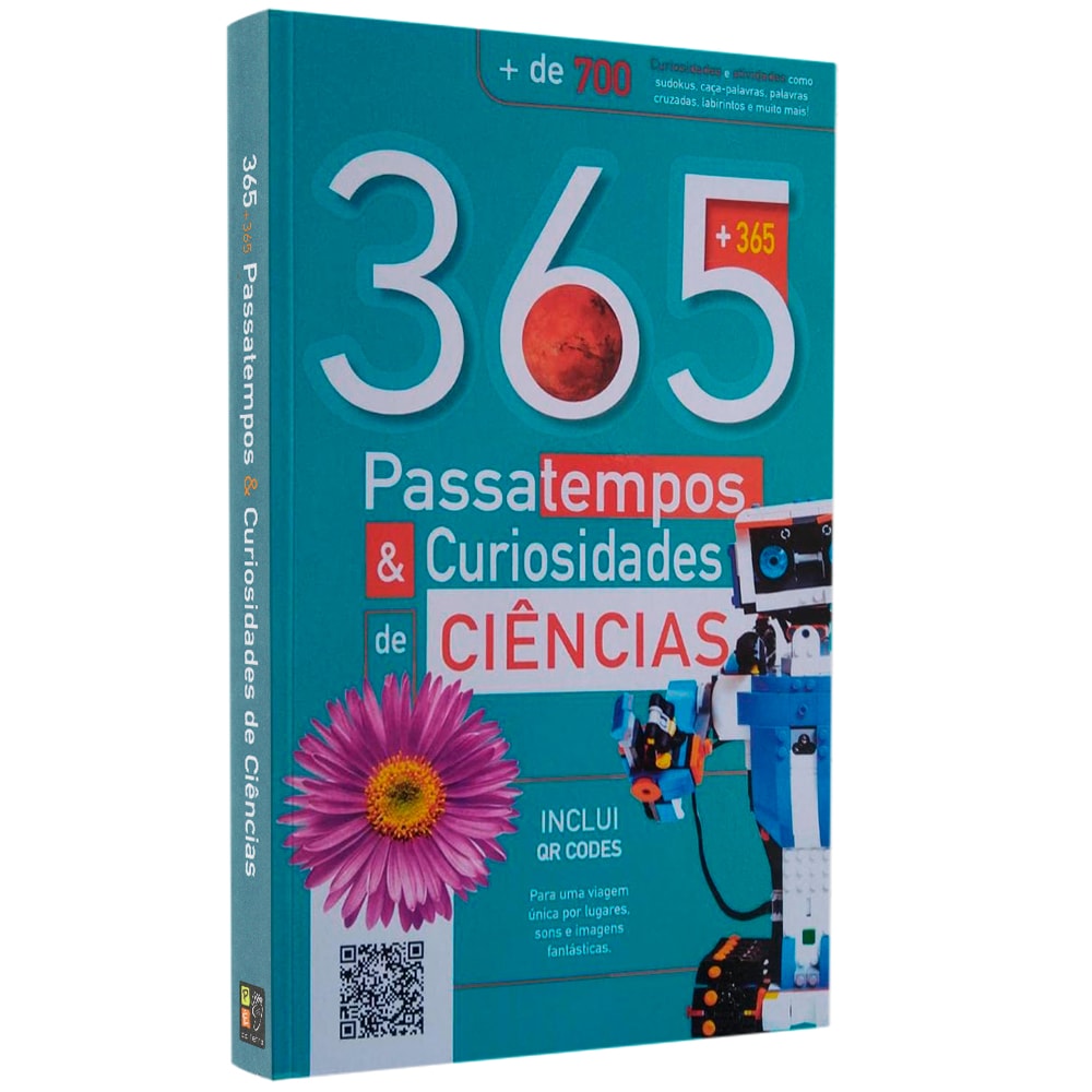 Livro de passatempos 365 Passatempos & Curiosidades de Ciências Inclui QR Codes, capa azul com flor e robô. — Plenitude