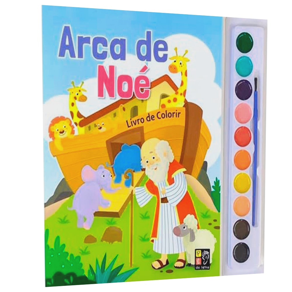 Livro de colorir Arca de Noé Livro de Colorir Aquarela, capa com Arca de Noé e paleta de aquarela. — Plenitude