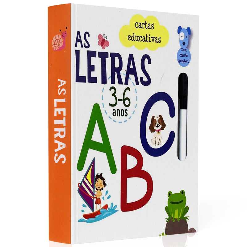 Cartas Educativas As Letras, caixa branca com letras coloridas e caneta apagável. — Plenitude
