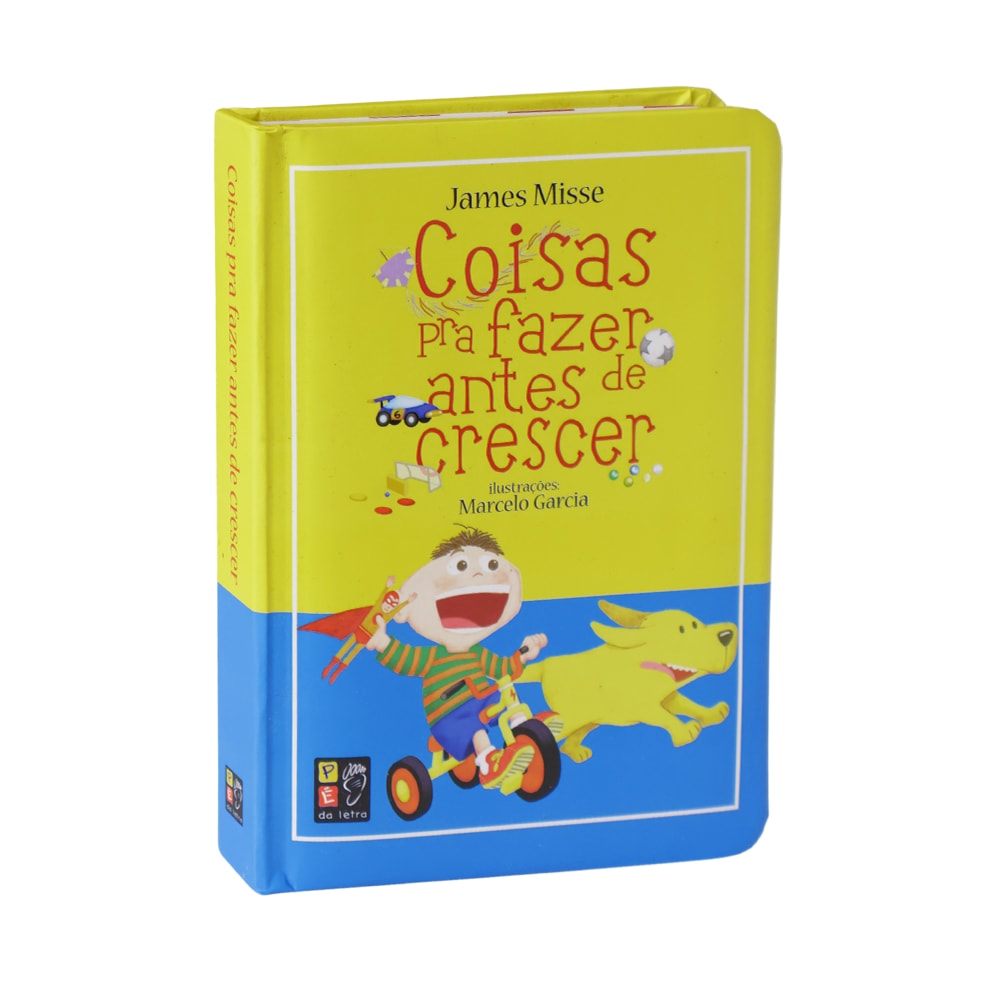 Livro Coisas pra Fazer Antes de Crescer, capa dura amarela e azul com menino de bicicleta. — Plenitude