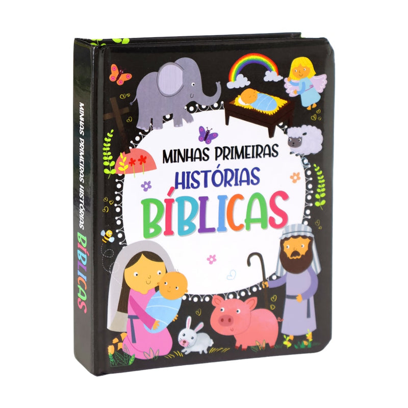 Livro Minhas Primeiras Histórias Bíblicas, capa dura preta com ilustrações coloridas de personagens bíblicos. — Plenitude