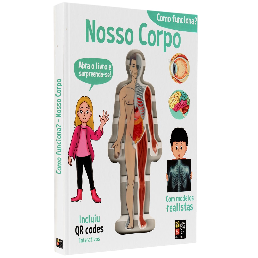 Livro Como Funciona? Nosso Corpo, capa branca com modelo do corpo humano e QR Codes. — Plenitude