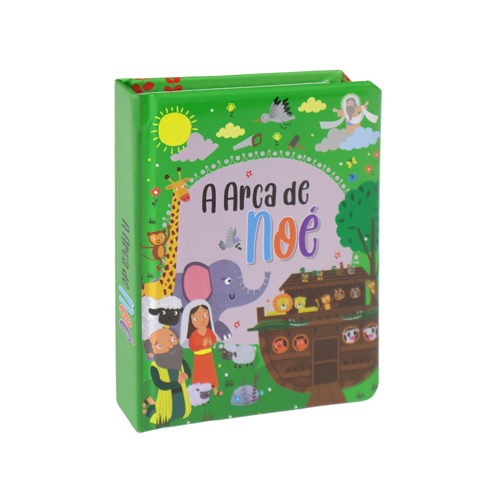 Livro A Arca de Noé, capa dura verde com Noé, animais e a arca. — Plenitude