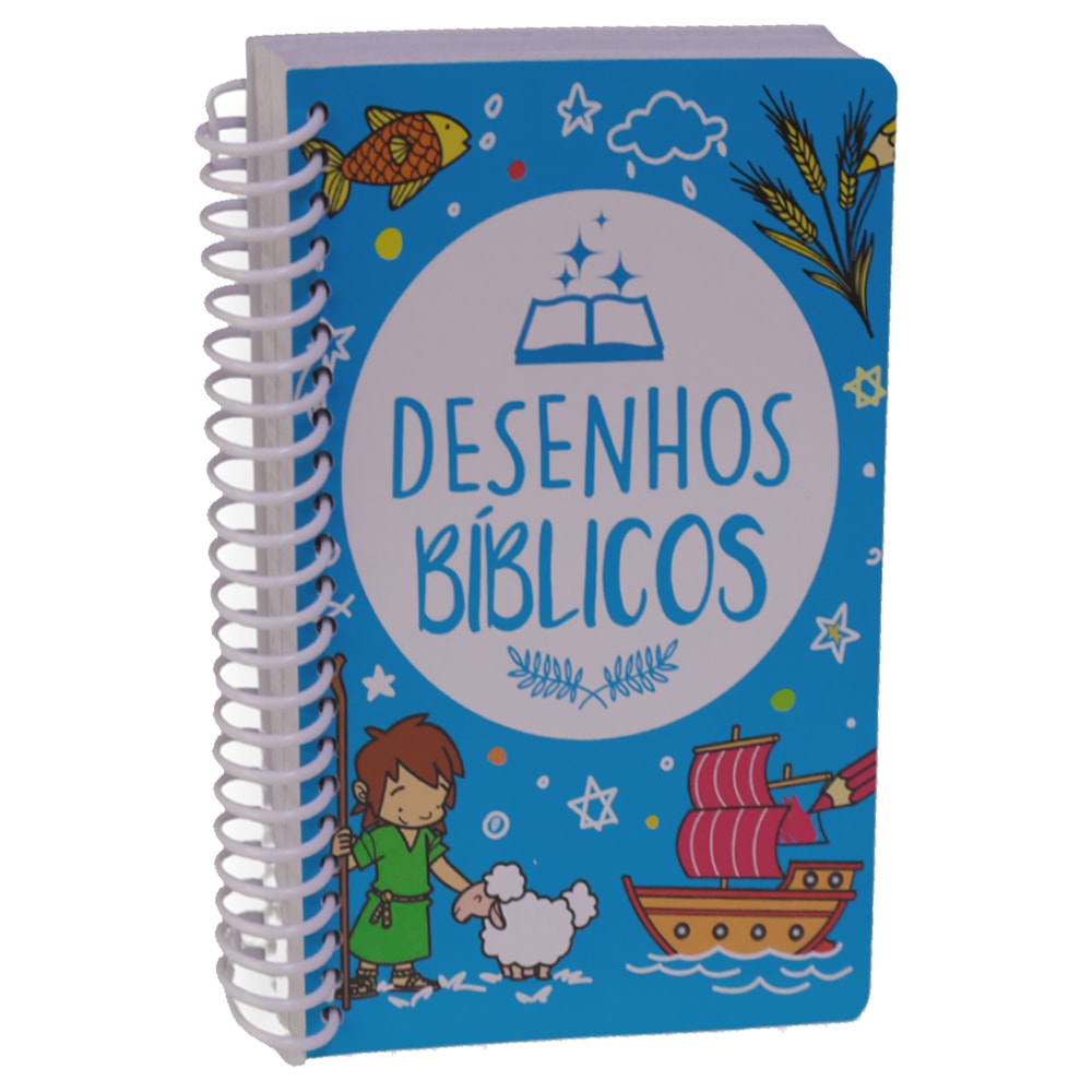 Livro Desenhos Bíblicos, capa espiral azul com ilustrações bíblicas para colorir. — Plenitude