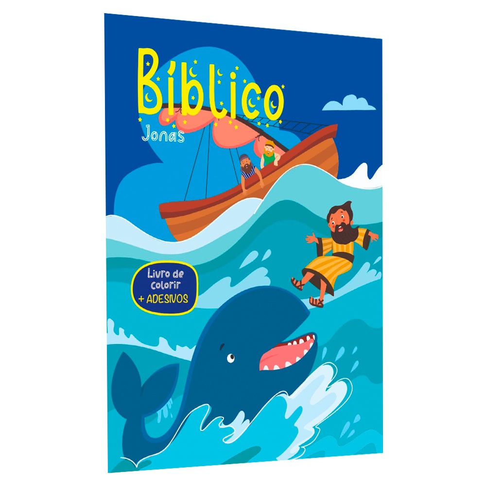 Livro de Colorir Bíblico Jonas, capa azul com Jonas, baleia e barco. — Plenitude