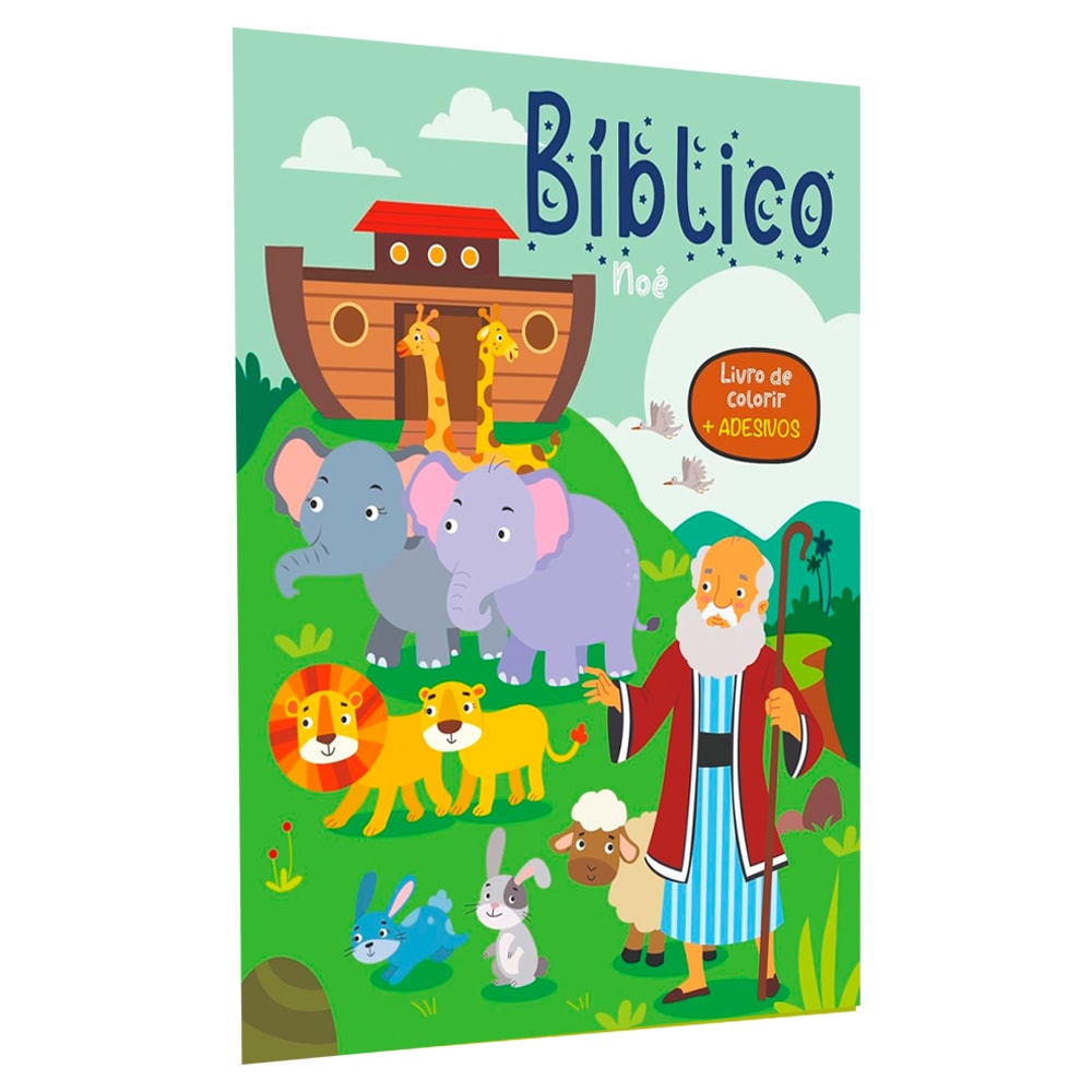 Livro de Colorir Bíblico Noé, capa verde com Noé, arca e animais. — Plenitude