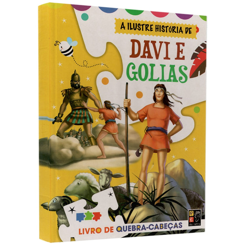Livro de Quebra-Cabeças A Ilustre História de Davi e Golias, capa amarela com Davi e Golias. — Plenitude