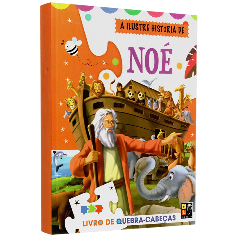 Livro de Quebra-Cabeças A Ilustre História de Noé, capa colorida com Noé, arca e animais. — Plenitude