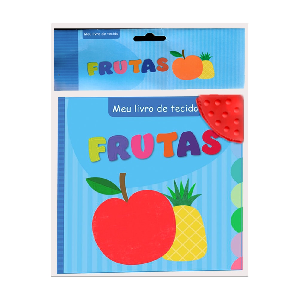 Livro de tecido infantil "Frutas", capa azul com ilustrações de frutas e uma morango em relevo. — Plenitude
