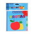 Livro de tecido infantil "Frutas", capa azul com ilustrações de frutas e uma morango em relevo. — Plenitude