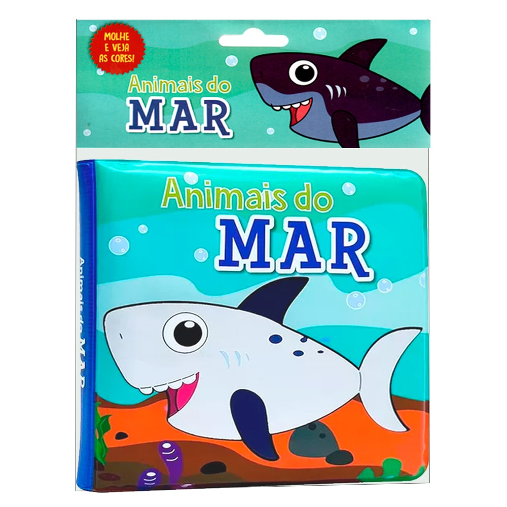 Livro Animais do Mar Molhe e Veja as Cores, capa com tubarão sorridente. — Plenitude