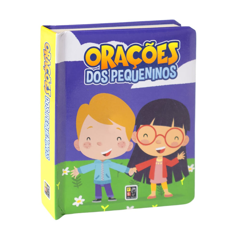 Livro Orações dos Pequeninos, capa azul com duas crianças de mãos dadas. — Plenitude