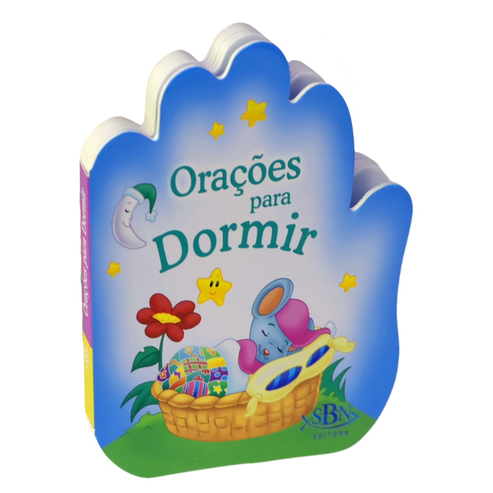 Livro "Orações Para Dormir" da SBN Editora. Capa azul em formato de mão com um coelho dormindo. — Plenitude