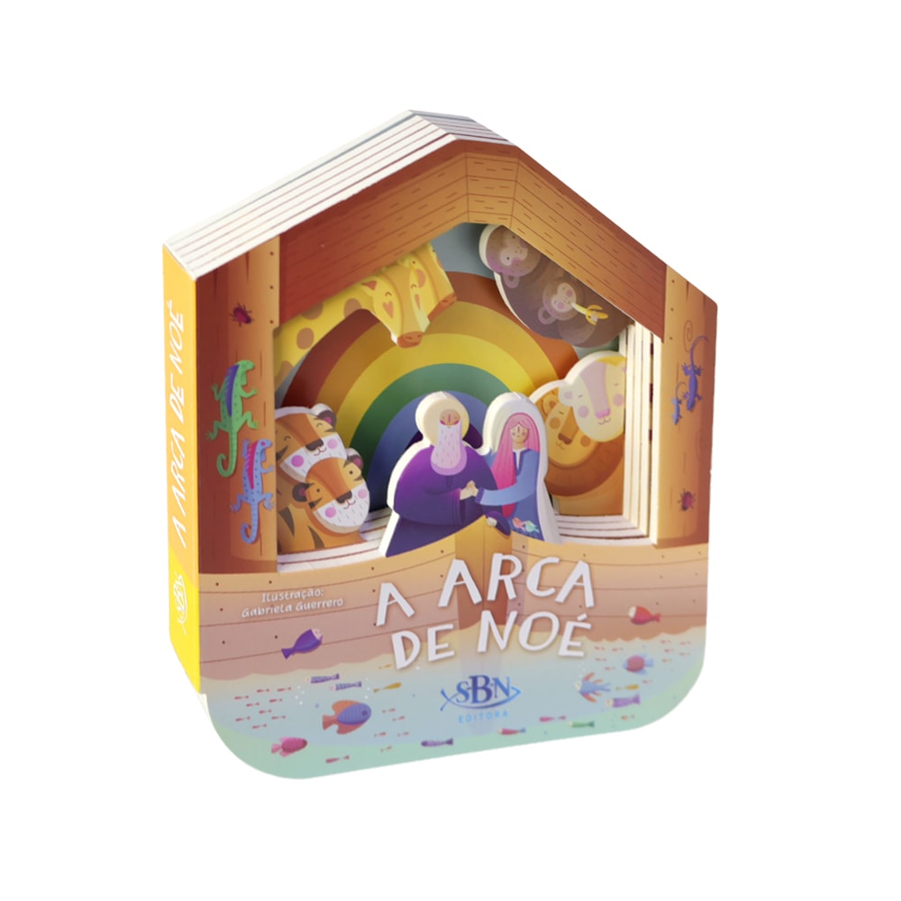 Livro infantil "Janelinhas Espertas Bíblicas | A Arca de Noé", formato de arca com janelas. — Plenitude