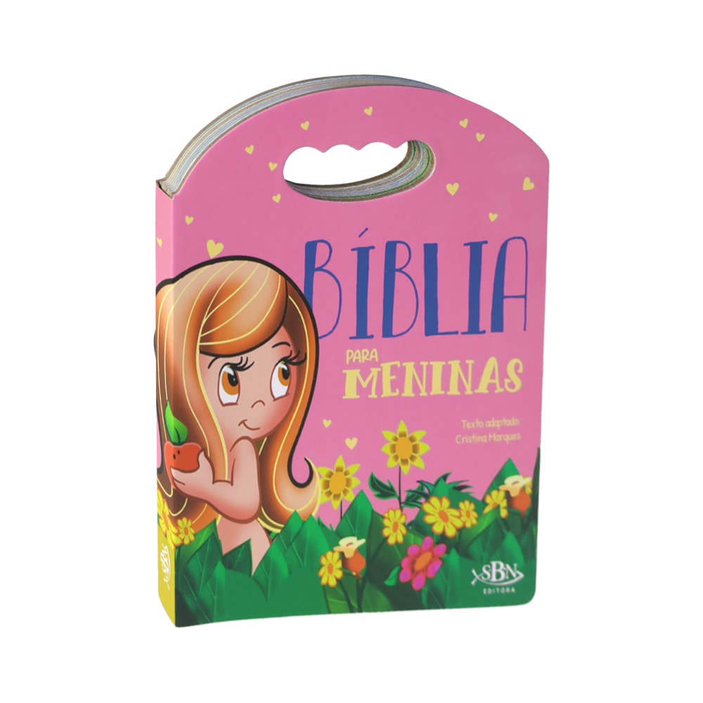 Bíblia para Meninas, capa cartonada rosa com alça, ilustrada com menina e flores. — Plenitude