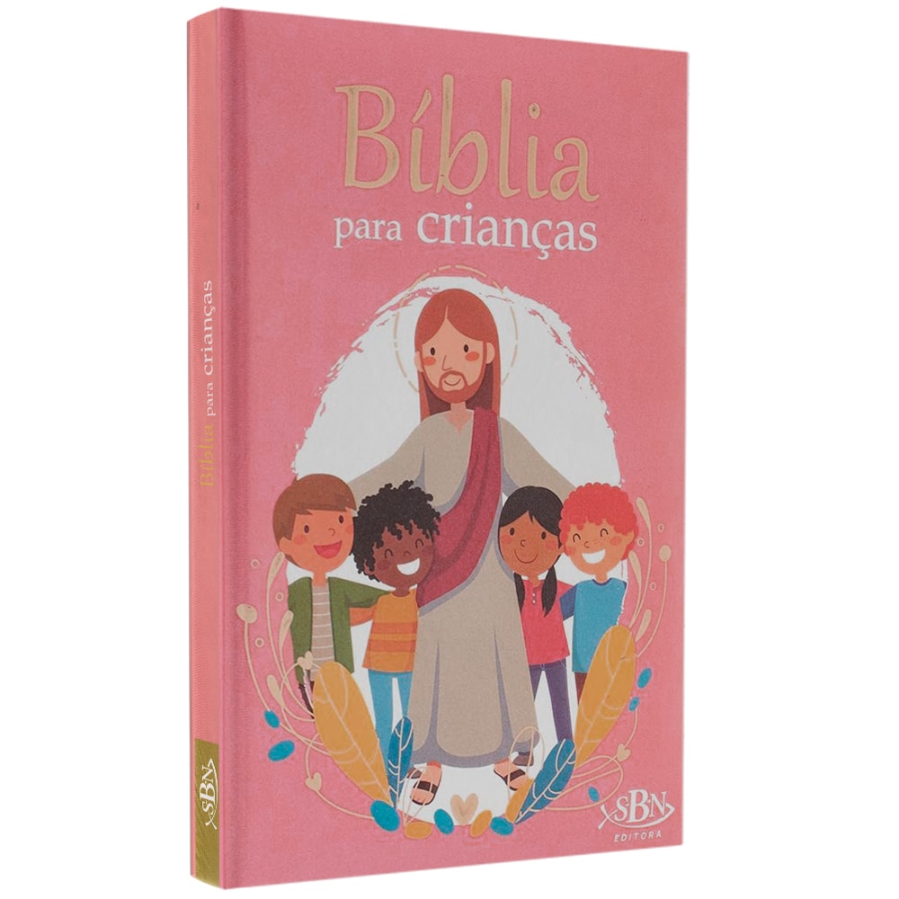 Bíblia para Crianças, capa dura almofadada rosa, com Jesus e crianças diversas, detalhes florais. — Plenitude