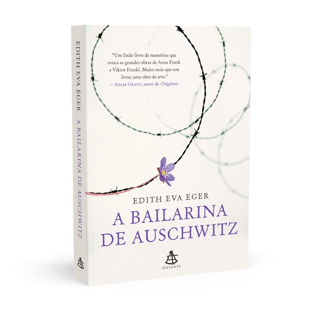 Livro "A Bailarina de Auschwitz" de Edith Eva Eger, capa branca com arame farpado e flor roxa. — Plenitude