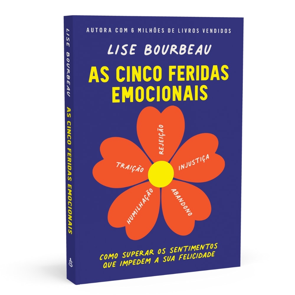 Livro As Cinco Feridas Emocionais | Lise Bourbeau, capa azul com flor laranja de cinco pétalas. — Plenitude