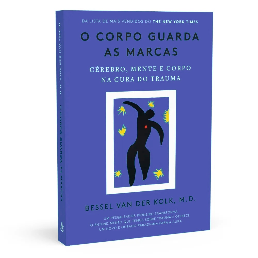 Livro O Corpo Guarda as Marcas de Bessel van der Kolk, capa azul com ilustração abstrata em branco e preto. — Plenitude