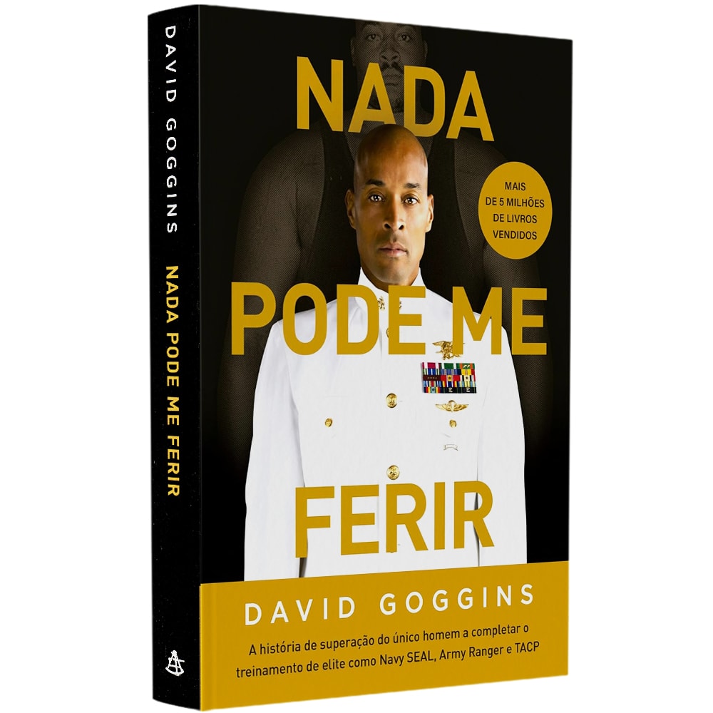 Livro Nada Pode Me Ferir, de David Goggins, capa preta com foto do autor e título em amarelo. — Plenitude